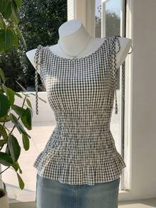 Comfortcana Áo tank top dệt kim không tay, kiểu dáng thường ngày, họa tiết kẻ caro, cạp chun, dành cho nữ, mùa hè. - Màu Khaki - Xem 5