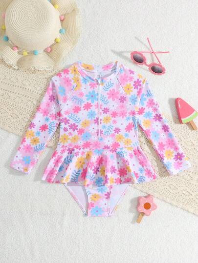SHEIN Playful Pals Traje de baño de una pieza con estampado floral, manga larga, cremallera delantera y volantes para niña
