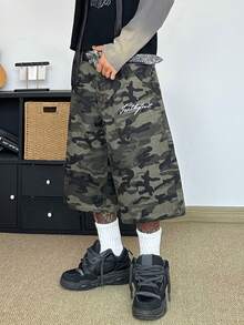 STEELVANCE 复古街头风宽松直筒休闲牛仔短裤，饰有刺绣图案，夏季日常百搭 - 軍綠色 - 查看 7