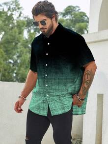 Manfinity Homme Plus Size Men's Casual Gradient Front Button Short Sleeve Shirt, Summer - Multicolor - View 5