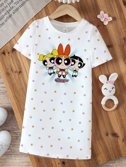 THE POWERPUFF GIRLS X SHEIN 小女孩可爱星星印花圆领短袖连衣裙