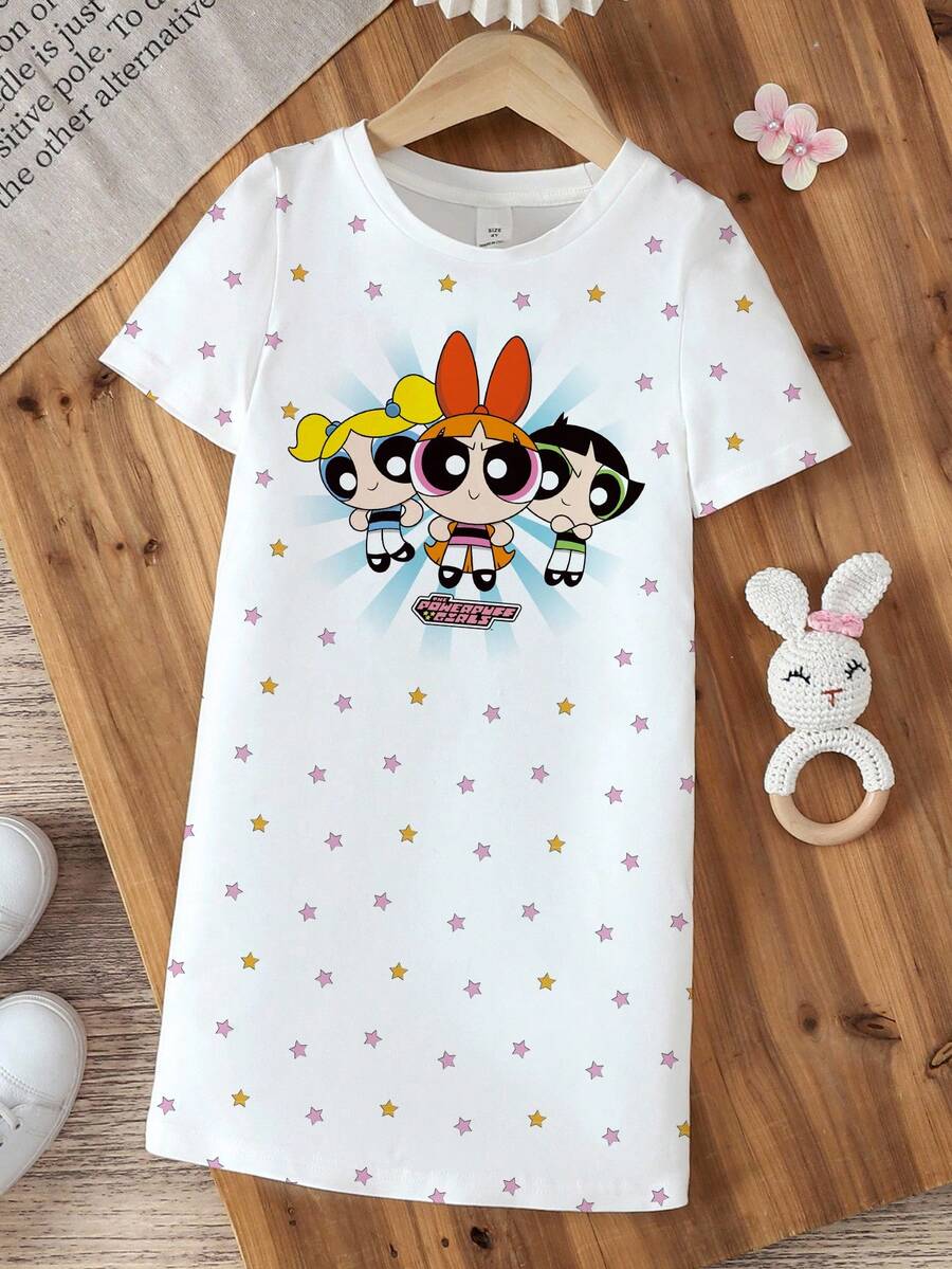 THE POWERPUFF GIRLS X SHEIN Đầm ngắn tay cổ tròn in hình ngôi sao dễ thương cho bé gái - trắng - Xem 1