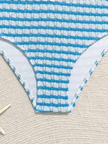 SHEIN Set Bikini Beige Polos Terbaru untuk Remaja Perempuan, Pakaian Renang Minimalis untuk Liburan Pantai - Biru - View 3