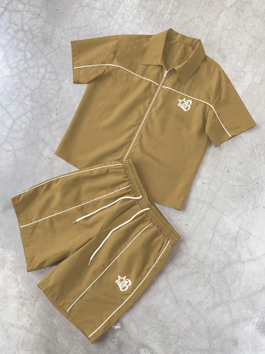 PAVTROS Manfinity Streetrush 两件套男士星形印花短袖拉链上衣和短裤足球服 - 卡其色 - 查看 1