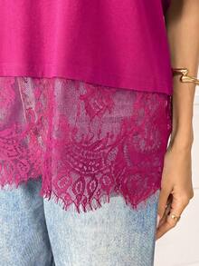 Easowa Black Short Sleeve Round Neck Lace Hem Loose T-Shirt For Women,Summer Top - Hot Pink - View 7