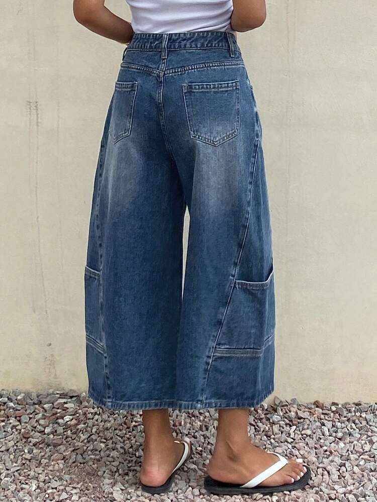 Washed Distressed Patchwork Loose 7/8 Jeans, Casual Vacation Street Style For Women, Summer