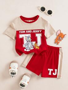 TOM & JERRY X SHEIN 男婴撞色卡通印花圆领短袖T恤和短裤休闲套装 - 紅色 - 查看 1