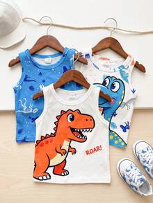 SHEIN Playful Pals Bộ 3 món áo vest cổ tròn họa tiết khủng long cho bé, thích hợp mặc mùa hè. - Nhiều màu - Xem 5
