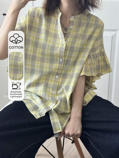 FRIFUL Damen Rundhals Rüschenärmel Patchwork Loose Karomuster Kontrastfarben Bluse