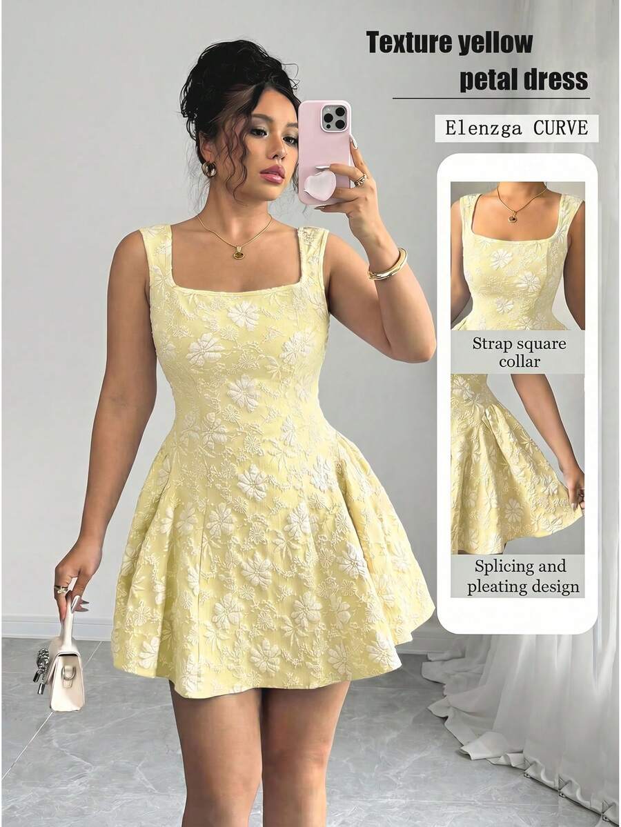 Elenzga Plus Size Women Casual Elegant Square Neck Dress - Yellow - View 1