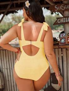 Swim Mod Traje de baño de una pieza con volantes de unicolor, elegante, con tirantes finos, para mujer de talla grande, de moda y casual para vacaciones - Amarillo - Ver 2