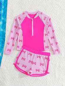 SHEIN Young Girls Tankinis Striped Butterfly Print Zipper Camisole Bikini Set With Long Sleeve & Shorts,Summer,Beach,Holiday Swimming Hot Spring Surfing - Hot Pink - View 5