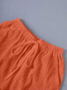 Linhara CURVE Plus Size Washed Cotton Cinched Waist Backpocket Button Decor Short Casual Top - Orange - View 7