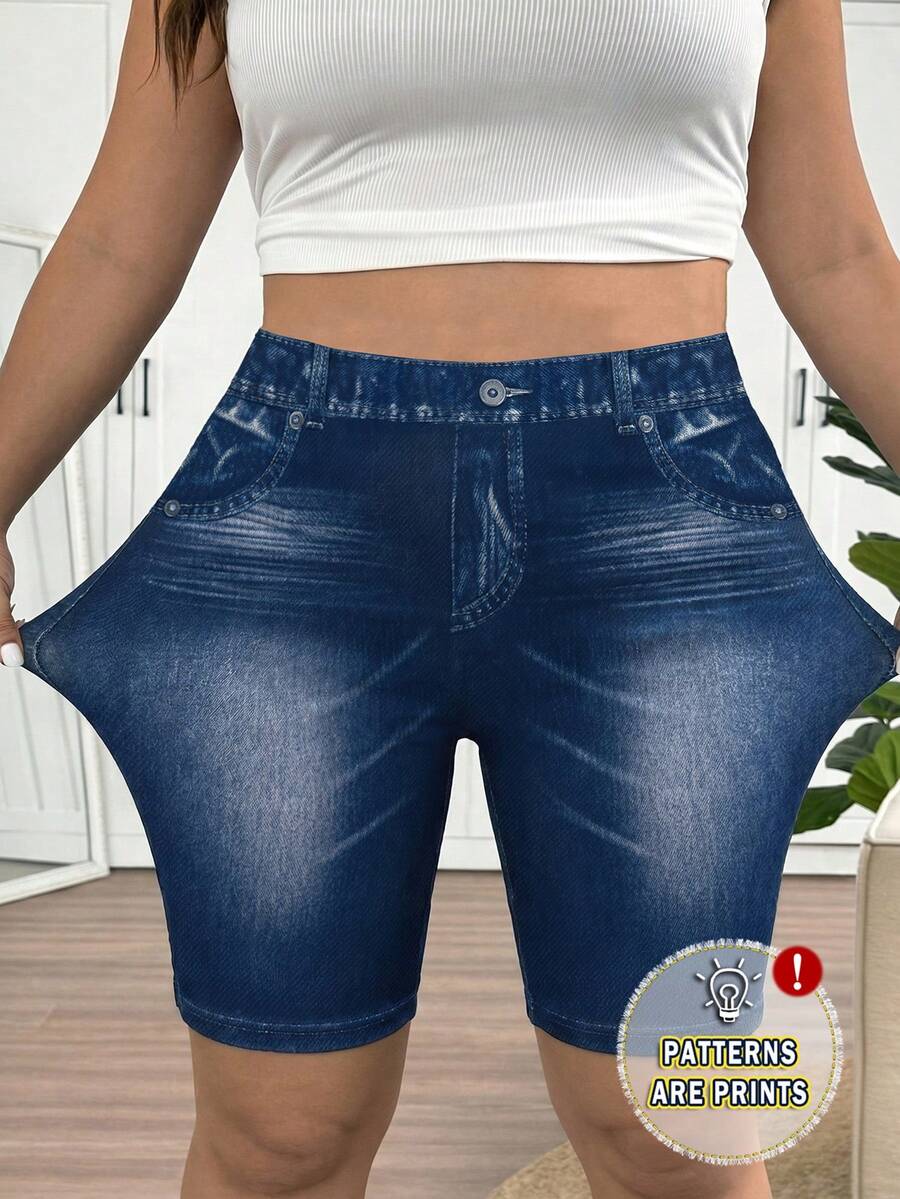 SHEIN Frenchy Quần legging nữ cỡ lớn chất liệu giả denim, thích hợp mặc mùa hè và Ngày của Mẹ. - Nhiều màu - Xem 1
