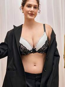 Bralution Plus Size Women Colorblock Lace Bow Decor Fashionable Wireless Lingerie Bras - Multicolor - View 1