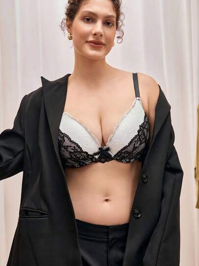Bralution 大码女士撞色蕾丝蝴蝶结装饰时尚无钢圈内衣文胸