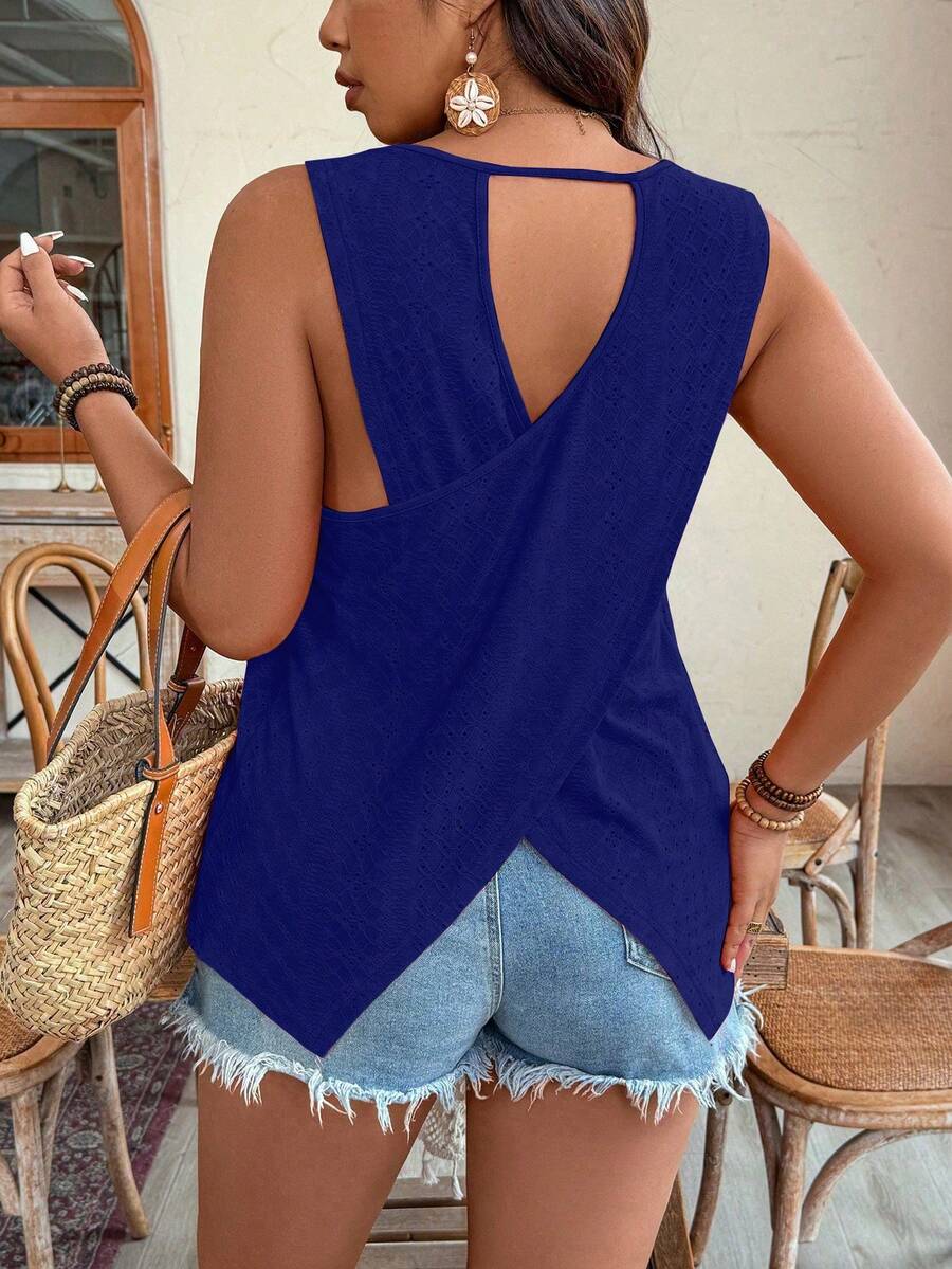 SHEIN Clasi Áo tank top cỡ lớn hở lưng, kiểu đan chéo, ôm sát, cổ yếm khoét sâu, quấn ngực. - Xanh đậm - Xem 1