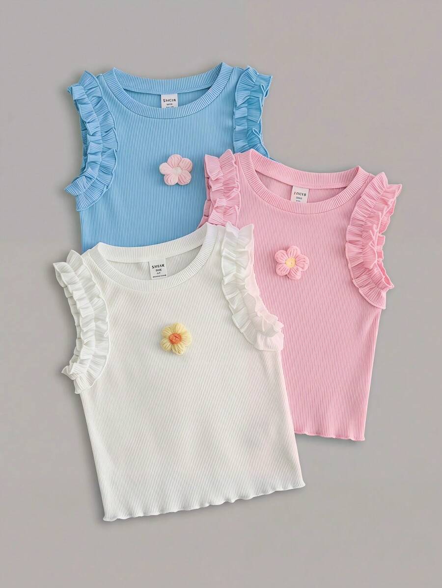 Emery Rose Kids 3pcs Young Girl Knitted Solid Color 3D Floral Ruffle Trim Casual Vest Set - Multicolor - View 1
