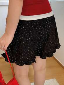 Dazy Plus Ruffled Hem Korean Style Polka Dot Casual Loose Shorts, Plus Size Summer - Black - View 2