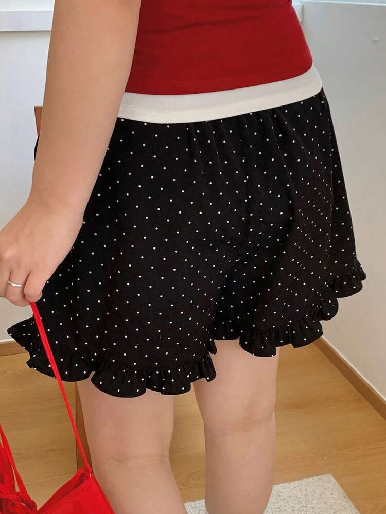 Dazy Plus Ruffled Hem Korean Style Polka Dot Casual Loose Shorts, Plus Size