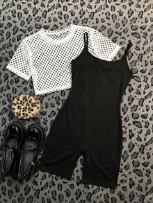 Tween Girls' Casual StreetStyle 2-Piece Set,White Mesh Cropped Top,Black Suspender Shorts,Spring/Summer Holiday,Travel,Commute,Cowboy,Cheer Outfit - Black and White - View 3