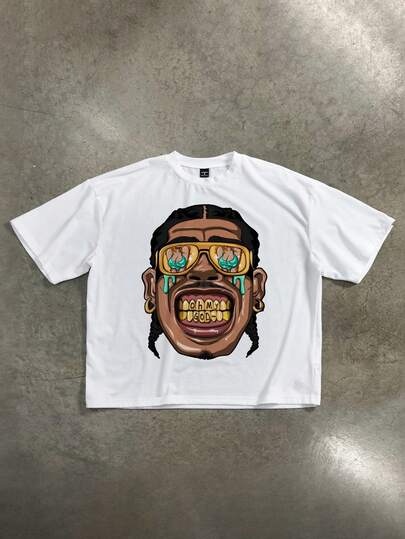 Manfinity ZONE917 Box-Shaped Cropped Funny Cartoon Portrait Sexy Gold Fashion Glasses White Short T-Shirt