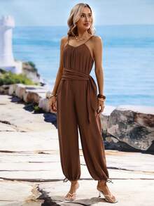 SHEIN Holidaya Women's Solid Color Casual Tropical Everyday Beach Vacation Jumpsuit Brown Summer - Brown - View 5