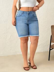 SHEIN Plus High Waist Regular Fit Casual Style Light Blue Wash Button Front Denim Short Formal Vacation Holiday Summer - Light Wash - View 6