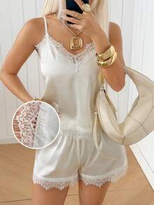 SHEIN EZwear Cream White Satin Lace Patchwork Camisole And Shorts Loungewear Set For Women Home Summer Elegant Sexy Honeymoon - Apricot - View 5