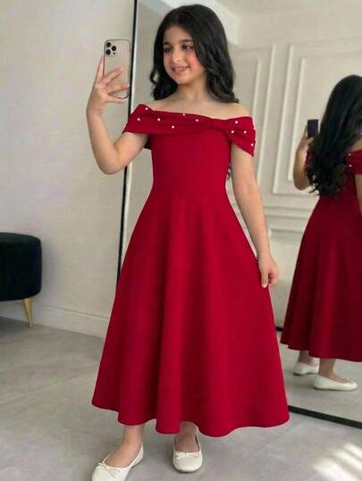 SHEIN Đầm xòe eo đính hạt cườm cho bé gái tuổi teen, màu đỏ tía.