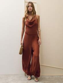 Nöista Rust Brown Halter Jumpsuit With Wide-Leg Fit For Vacation, Dinner Dates And Occasions. - Rust Brown - View 4