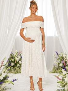 Loomaby Vestido minimalista de uso diario con hombros descubiertos, de unicolor y con aplicaciones de encaje para embarazadas - Caqui - Ver 10