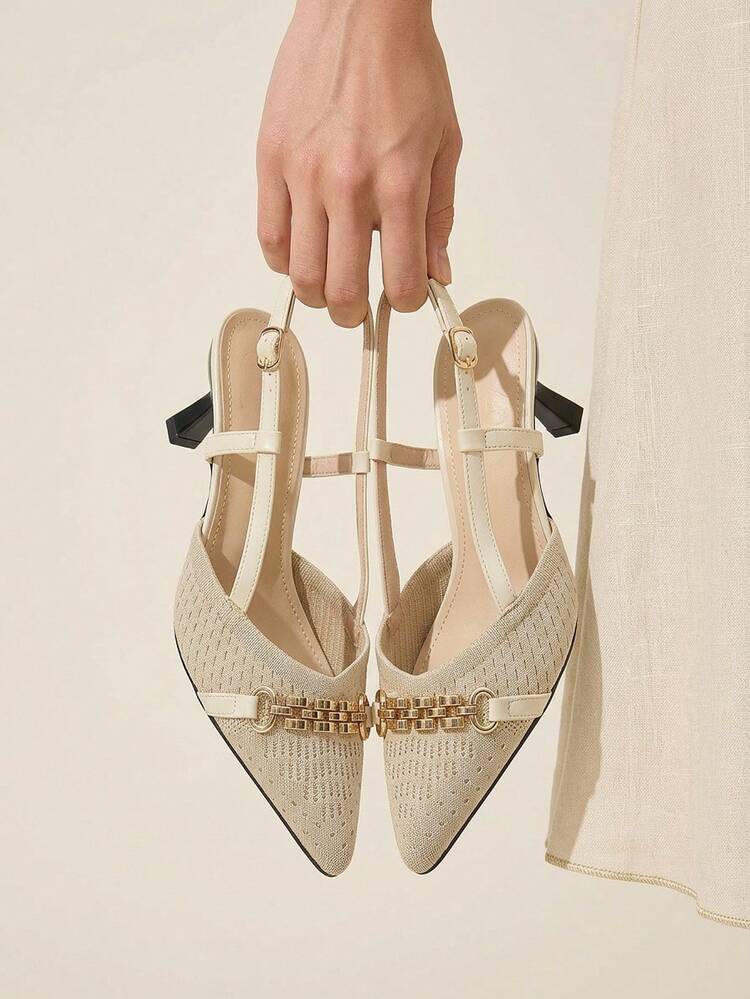 CUCCOO BASICS Women's Pointed Toe Woven Buckle Design Apricot Color Stilettos, Fashionable & Versatile Daily Wear Spring Shoes