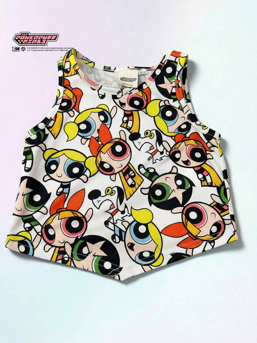 THE POWERPUFF GIRLS X SHEIN Maija Kids Áo tank top không tay cổ tròn, chất liệu mềm mại, họa tiết hoạt hình dành cho bé gái. - Nhiều màu - Xem 1