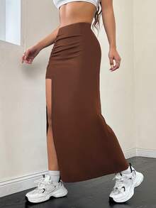 SHEIN EZwear Coffee Solid Color High Waist Slit Skirt - Coffee Brown - View 3
