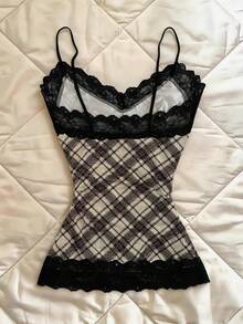 Glimmora Áo camisole ôm dáng mỏng, họa tiết kẻ caro phối ren kiểu Y2K dành cho nữ, mùa hè, thiên niên kỷ mới. - màu đen - Xem 2