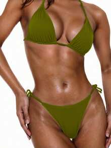 Swim Basics Bộ bikini dây mảnh màu trơn gợi cảm, đồ bơi đi biển dành cho nữ. - màu xanh lá - Xem 7