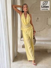 Aloruh Women's Summer Holiday Solid Color Textured Halter Top And Pants 2 Pieces Set Vacation Yellow Casual - Khaki - View 10