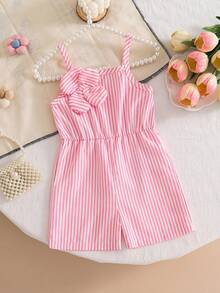 SHEIN Playful Pals 女婴粉色吊带连体衣，腰部饰有3D立体花朵玫瑰花结纽扣，无袖透气夏季服装，可爱活泼 - 粉色 - 查看 1