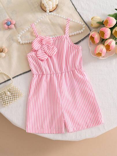 SHEIN Playful Pals Baby Girl' Pink Strap Romper With 3D Floral Rosette Buttons Waist Decor, Sleeveless, Breathable Summer Outfit, Cute & Vivid