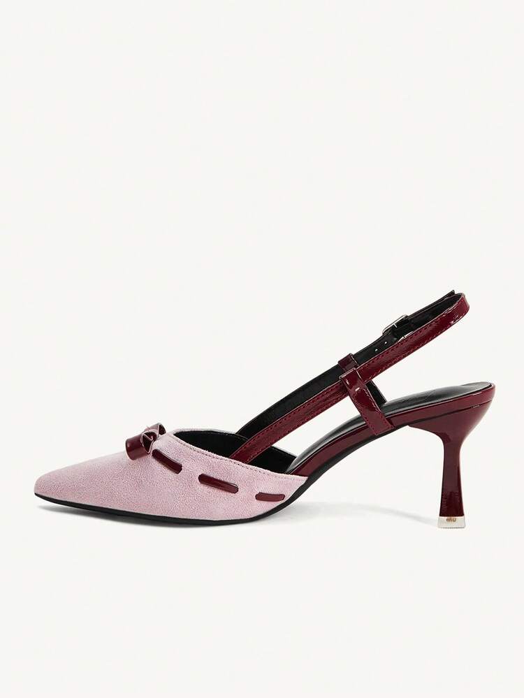 CUCCOO CHICEST Women's High Heel Pumps, Spring/Summer New Design With Bow Accent, Pointed Toe, Stiletto Heel, Khaki Faux Suede & Burgundy Color Block PU Leather, Elegant For Date, Romantic & Sweet Open Toe Shoes Summer Shoes Wedding Shoes Bride Shoes