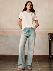 Anewsta Áo thun ngắn tay bằng cotton màu trắng đơn giản với họa tiết cánh thiên thần đính cườm, thích hợp cho nữ mùa xuân/hè. - trắng - Xem 4