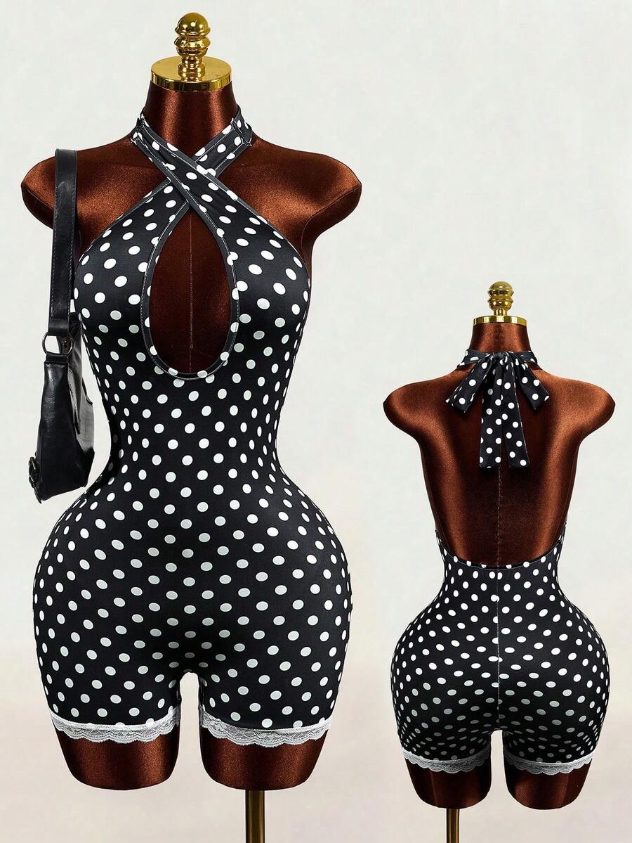 Mistrie Hàng mới về mùa xuân/hè: Bộ jumpsuit nữ kiểu dáng casual họa tiết chấm bi, cổ yếm, khoét eo gợi cảm. - màu đen - Xem 1