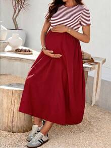 SHEIN Maternity Casual Striped Patchwork Dress - Red - View 5