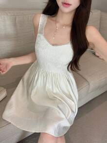 DAZY Women's Waist Cinched Flared White Mini Dress, Spring & Summer - White - View 7
