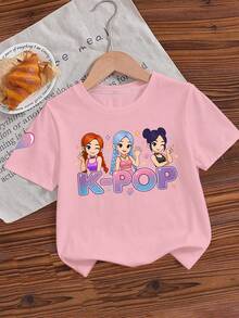 Set de 3 piezas de moda casual de verano para niñas jóvenes, con diseño creativo y personalizado, de estilo minimalista y fresco, con estampados de estrella de pentágono, letras y eslóganes, en una combinación de blusas de manga corta, cómoda para uso diario, estilo de verano, adecuado para niñas - Rosa - Ver 2