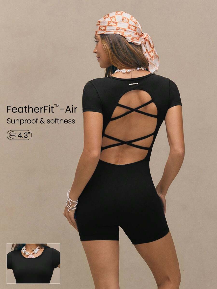 Áo liền thân tay ngắn không lưng, chéo, co giãn, thấm hút mồ hôi FeatherFit™-Air Flow Muse 4.3" với mút ngực có thể tháo rời, chống trượt, thích hợp cho yoga, tập pilates và mặc hàng ngày. - màu đen - Xem 1