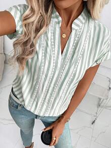 SHEIN Clasi Women's New Striped Patchwork Ruffle Trim Shirt, Suitable For Work And Commute,Summer Top - Green - View 5