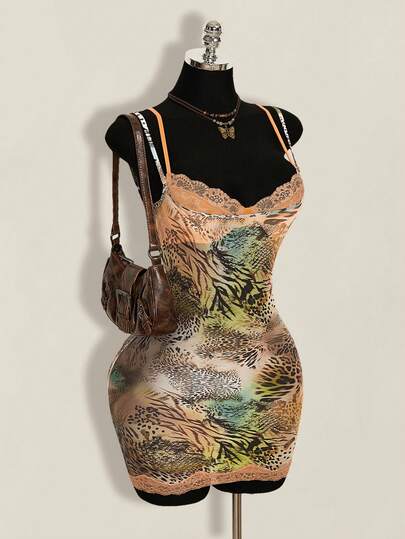 SHEIN ICON Váy ngắn ôm sát phối ren in họa tiết