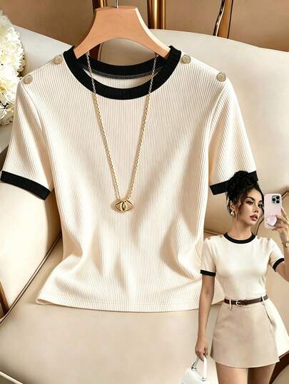 Franclia Minimalist Commuter Round Neck Color Block Splice Fitted Casual T-Shirt, College Style For Women